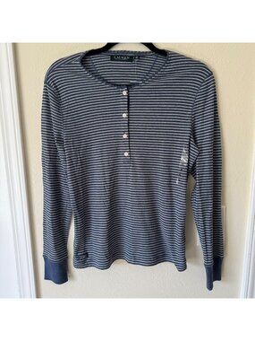 NWT Lauren Ralph Lauren Womens Indigo Blue Striped Long Sleeve Henley Shirt PL